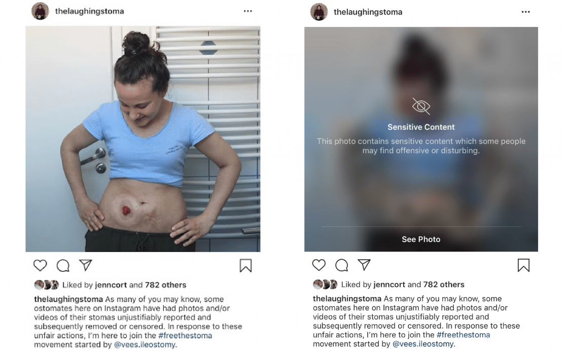 side by side comparison of an instagram post without censorship and with censorship