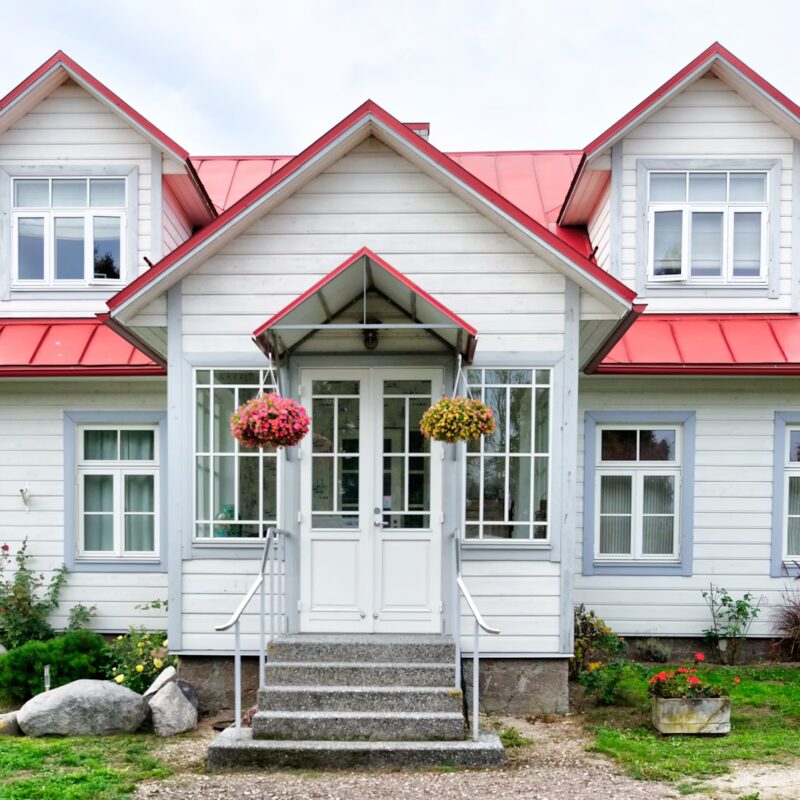 close up of a house with a red roof